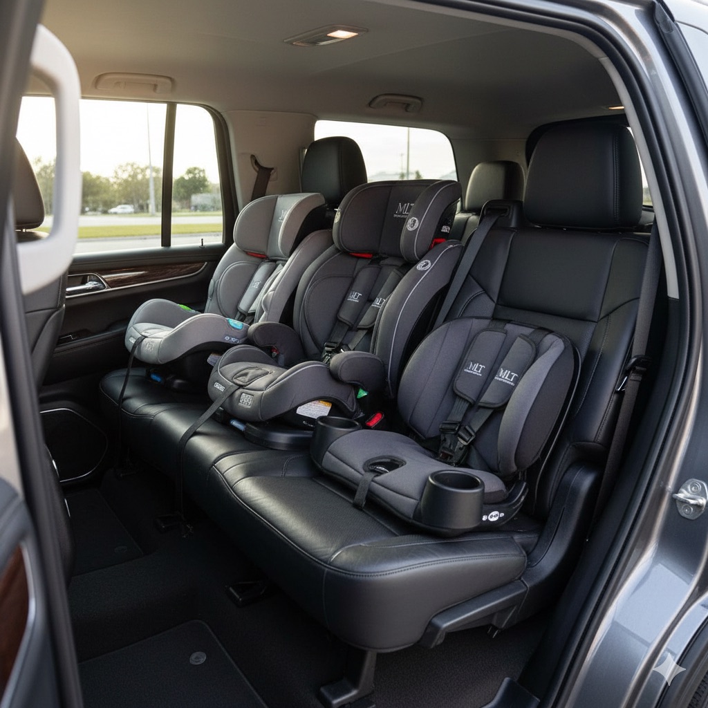 Child car seats and booster seats installed in MLT Orlando Transportation SUV