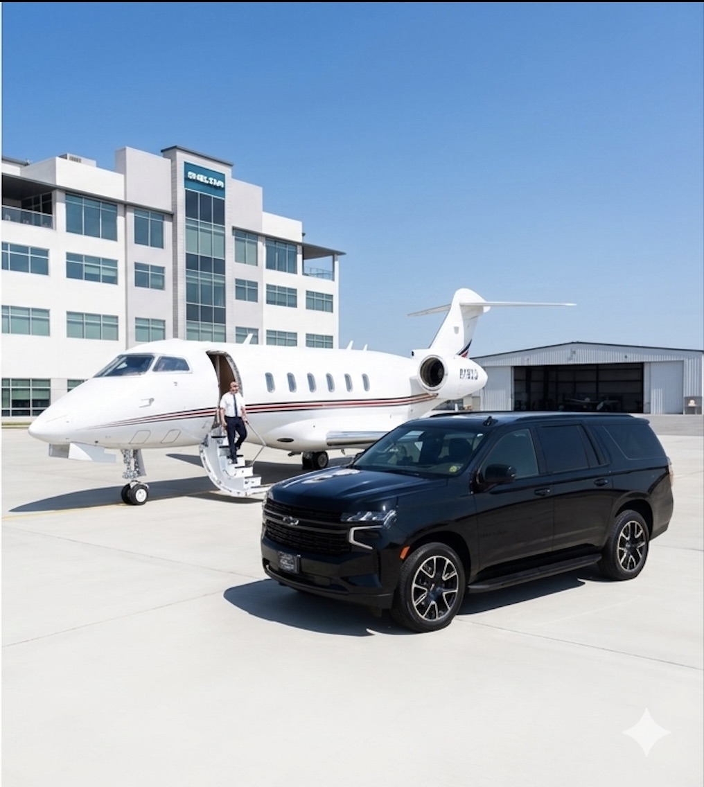 MLT Orlando Transportation SUV next to private jet at airport
